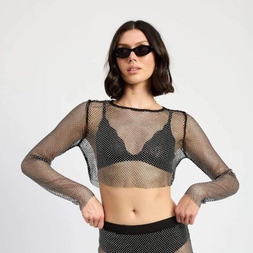 Emory‎ Park Fishnet Rhinestone Long Sleeve Crop Top Women's Size Large Festival